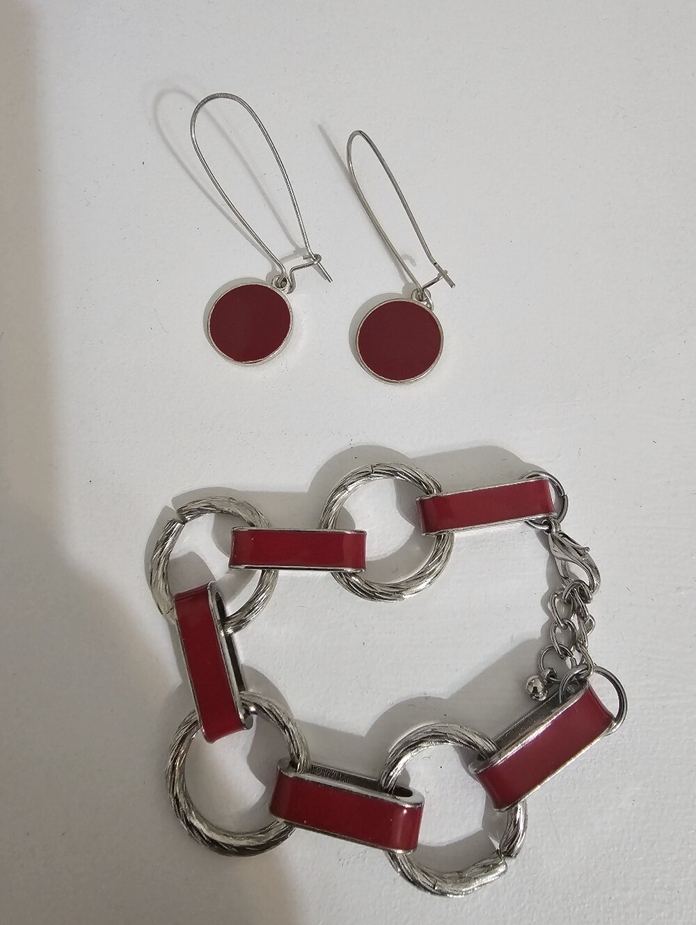 Charming Charlie Red Enamel Circle Drop Earrings & Link Bracelet Set
